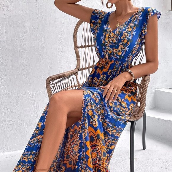 Navy Blue Casual Womens Scarf Print Ruffle Trim Split Thigh Dress Withou… - Picture 3 of 5